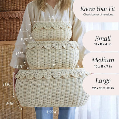 BEBE BASK Large Scalloped Basket Set Of 3 - Hand-Woven & Award-Winning Scallop Basket - XL - Extra Large for Blankets 22 x 16 x 10 In - Elegant Wicker With Scalloped Edge Lid (Natural)