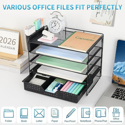Desk Organizer and Accessories, 5-Tier Paper Letter Tray Organizer with Drawer & 2 Pen Holders for Desktop File Organization, Office Desk Accessories for Supplies Storage (Black)