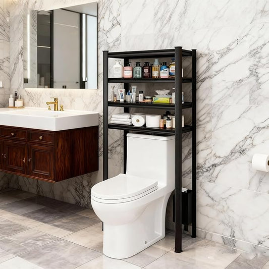Over The Toilet Storage Shelf, Freestanding Metal Bathroom Shelf Organizer, Waterproof Rustproof Space Saver, Black，63''H×27.6''W×13.8''D