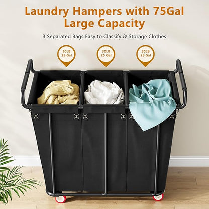 Large laundry hamper with Wheels, 360L 3 Bag Big Rolling Laundry Hamper Sorter Cart, Extra Large Laundry Clothes Hamper, Heavy Duty Laundry Basket Organizer for Laundry Room,Bathroom,Black