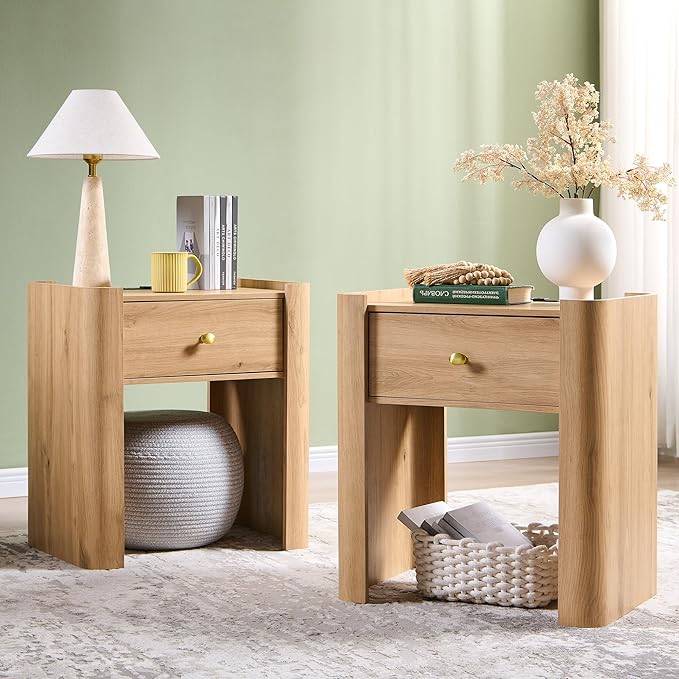 IFGET 23.6" Tall Modern Nightstand Set of 2, 22" Wide Curved Bedside Table with Charging Station, Wooden Night Stand with 1 Storage Drawer, Large End Table for Bedroom, Living Room, Natural