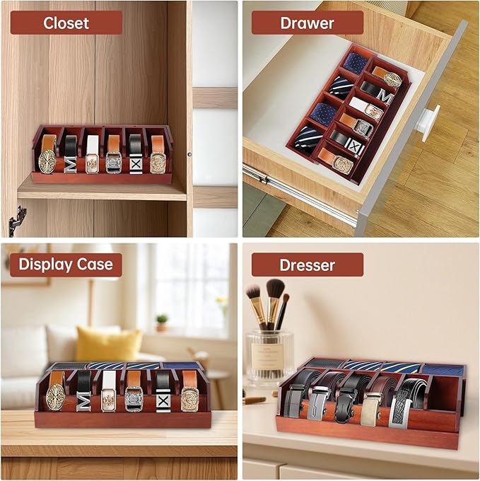Niciksty Large Adjustable Wood Belt Organizer, 10 Compartments Belt Rack and Tie Storage Holder for Closet and Drawer, Belt Holder Organizer and Displayer, Tie Holder Storage for Men Women, Brown