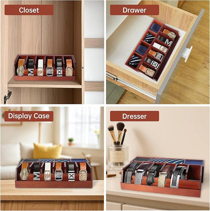 Niciksty Large Adjustable Wood Belt Organizer, 10 Compartments Belt Rack and Tie Storage Holder for Closet and Drawer, Belt Holder Organizer and Displayer, Tie Holder Storage for Men Women, Brown