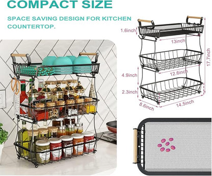 3 Tier Fruit Basket Bowl with 2 Banana Hangers for Kitchen Counter, Vegetable Countertop Produce Storage Holder, Large Capacity Metal Wire Fruits Stand Organizer for Onion Potato Bread Snack, Black