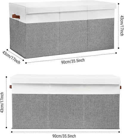 Extra Large Toy Storage Box with Lid, Sturdy Toys Storage Chest Bin Organizer Basket with Dividers for Kids, Boys, Girls, Nursery, Closet, Bedroom, Playroom 35.5"x17" x17"(Grey and White)