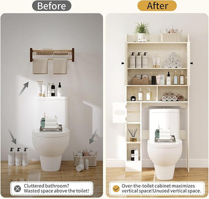 Vipbear Over The Toilet Storage Cabinet, 32.3” W Farmhouse Bathroom Storage Cabinet Above Toilet with Toilet Paper Holder and Barn Doors, Freestanding Restroom Organizer Space Saving Rack, White