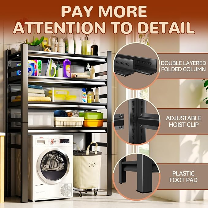 Over Washer and Dryer Shelves, 4 Tiers Adjustable Height Laundry Room Storage and Organizer Standing Shelf, Metal Freestanding Space Saving Organizers Shelf (4-Tier 63" H*35.4" W*17.7" D)