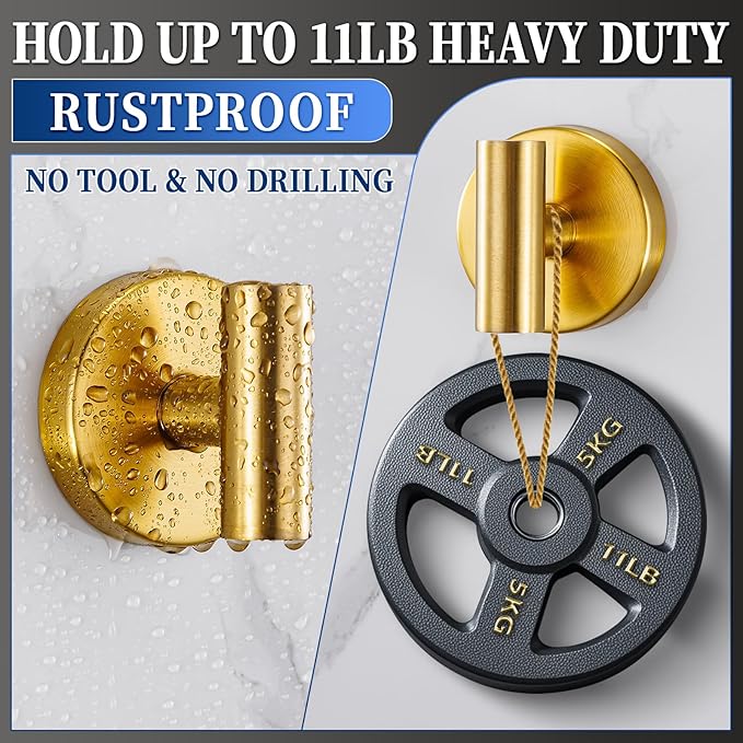 warlve Heavy Duty Reusable Suction Cup Hooks for Shower - No Drill Bathroom/Glass/Mirror/Tiles & Metal Surfaces,and Smooth Non-Porous Surfaces for Towels, Robes, Loofahs (4, Brushed Gold)