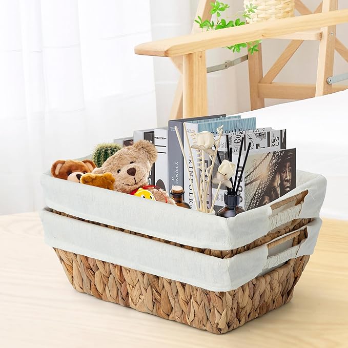 JS HANGER Wicker Storage Basket with Washable Liners, Metal Frame, Set of 2, 12.6"L x 8.7"W x 4.3"H, Water Hyacinth Woven Basket for Pantry, Toilet, Bathroom, Bedroom, Patio, Natrual