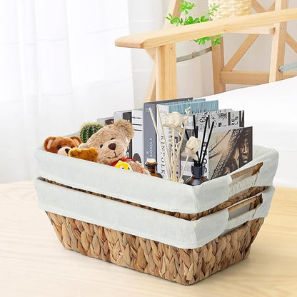 JS HANGER Wicker Storage Basket with Washable Liners, Metal Frame, Set of 2, 12.6"L x 8.7"W x 4.3"H, Water Hyacinth Woven Basket for Pantry, Toilet, Bathroom, Bedroom, Patio, Natrual