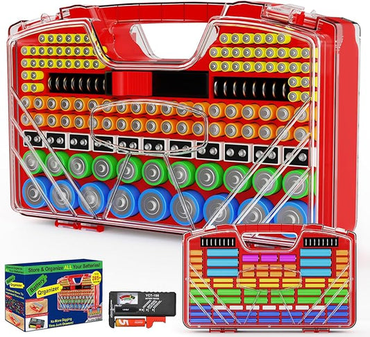 Battery Organizer Storage Holder Box Case with Tester, New Ultra-Large 285+Batteries Double-Sided Variety Pack, Holds AA AAA 4A C D Button Cell 9V 3V Lithium18650 CR2 CR123 CR1632 LR44 (Red)