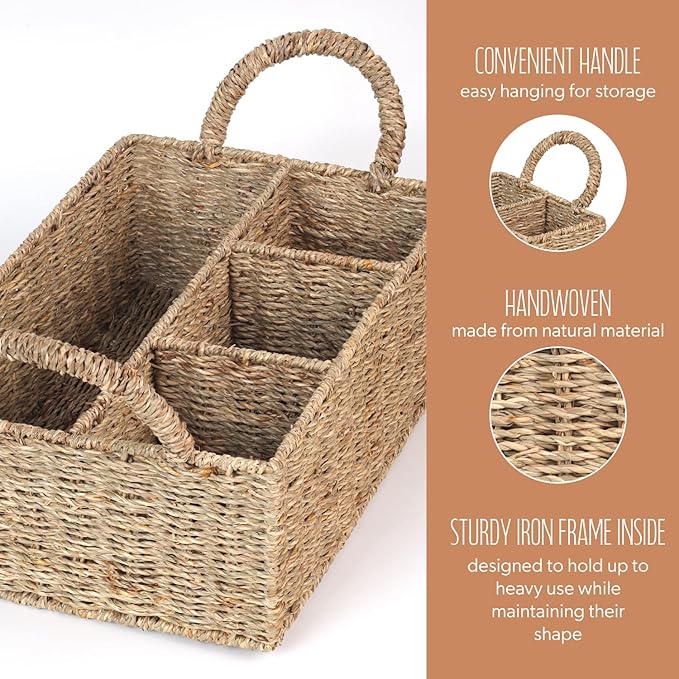 Wicker Divided Baskets with Handles, Seagrass Pantry Baskets, Storage Basket Woven Natural for Organizing Bathroom Kitchen Shelves Office Supplies Organization, Wicker Storage Baskets 4 Section.