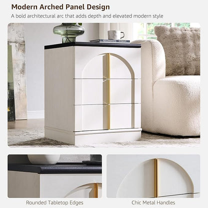 ACCOHOHO Modern Night Stand Set 2 with Arched Panel, 18" Nightstand with Charging Station, Side Table with 3 Storage Drawers, Wood Square Bedside End Table for Bedroom Living Room, White
