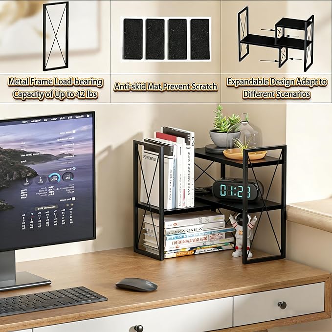 Desktop Shelf Organizer,Small Bookshelf for Office,Wood Desk Top Shelves, Office Organization and Storage (Black)