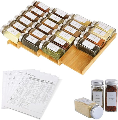 KitHero Spice Drawer Organizer with 20 Spice Jars,216 Labels,25 Non-slip Rubber, Bamboo 4 Tier Seasoning Rack Tray Insert for Kitchen Drawers,Cabinets,Countertop,11" Wide x 15.8" Deep