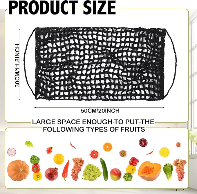 Xuhal 2 Pcs 11.8 x 20 Inch Large Macrame Fruit Hammock Under Cabinet Veggie Banana Hammock Hanging Fruit Basket Saves Counter Space for Kitchen Hand-woven Lace Hanging Basket (Black Style)