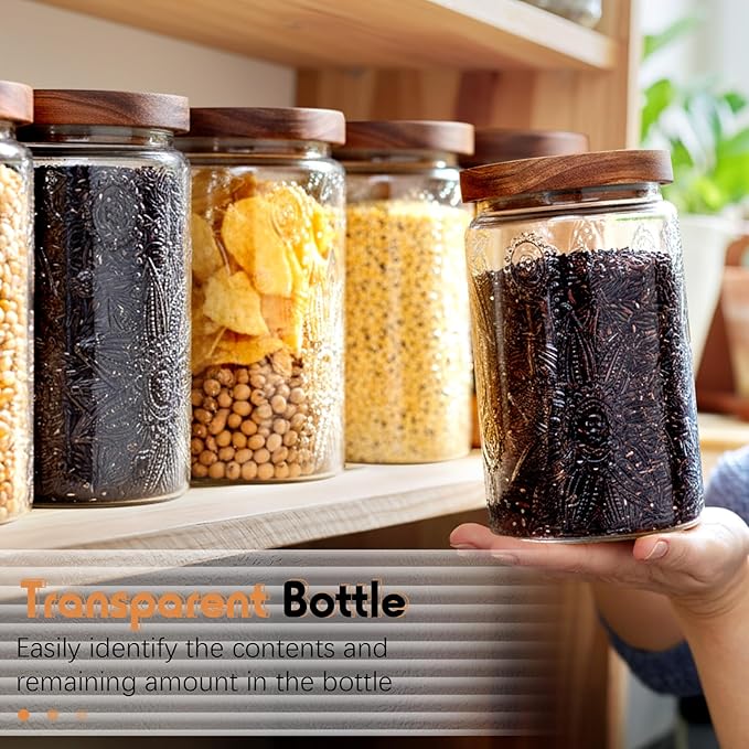 Domensi 6 Pcs Vintage Glass Jars 34 oz Glass Storage Jars with Lids Sunflower Pattern Airtight Storage Containers for Kitchen Counter, Pantry, Coffee Bean, Grains, Tea, Sugar, Flour, Candy, Oats