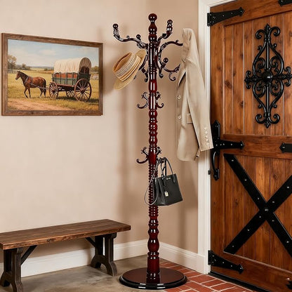 73”Vintage Wooden Coat Rack Freestanding,With 14 Hooks and Sturdy Round Base.Sturdy and Durable Standing Coat Racks，Adjustable Wooden Freestanding Coat Rack for Offices, Bedrooms (Mahogany)