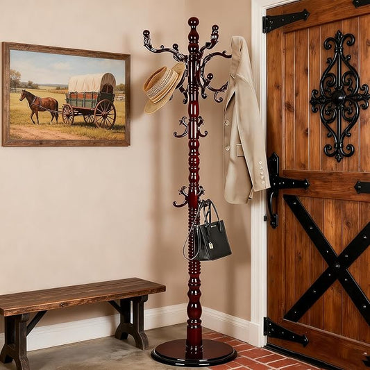 73”Vintage Wooden Coat Rack Freestanding,With 14 Hooks and Sturdy Round Base.Sturdy and Durable Standing Coat Racks，Adjustable Wooden Freestanding Coat Rack for Offices, Bedrooms (Mahogany)