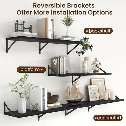 Axeman Deep Floating Shelves - 40 Inch Black Floating Shelves Set of 2-12 Inch Deep Wood Wall Shelves for Living Room Bathroom Kitchen