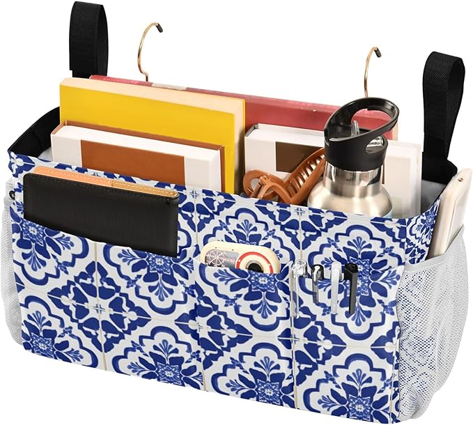 CuwrYet Bedside Caddy Hanging Bunk Bed Caddy Bed Organizer Hanging Pocket with 2 Hooks Bedside Storage Organizer Pocket Bag Holder Floral Blue and White Geometric