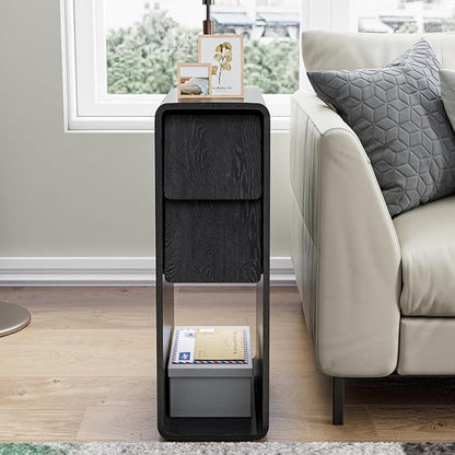 Black Nightstand Set of 2, Narrow Night Stand with Drawers, Small Bedside Table, Skinny Bed Side Table, Modern Wooden Nightstand for Bedroom, Wood, Slim, Black