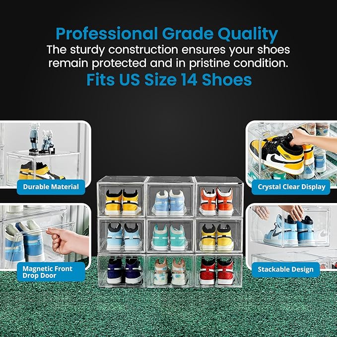 ShoeShield Ultra All Clear Shoe Boxes Plastic Stackable Professional Grade Shoe Display Case with Magnetic Front Drop Door Open Easy Assembly Modern Shoe Sneaker Display Case Fits US Size 14