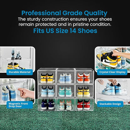 ShoeShield Ultra All Clear Shoe Boxes Plastic Stackable Professional Grade Shoe Display Case with Magnetic Front Drop Door Open Easy Assembly Modern Shoe Sneaker Display Case Fits US Size 14