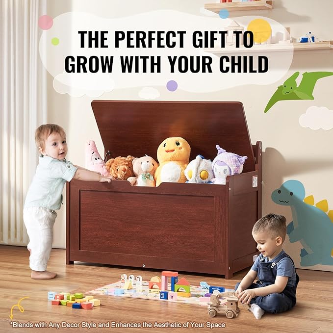 VEVOR Wooden Toy Chest for Kids, Toddler Toy Storage Box with Flip-Top Lid and Safety Hinge, 32.68 x 17.91 x 24.02 Large Kids Storage Bench for Playroom, Bedroom, Living Room or Entryway, Cherry