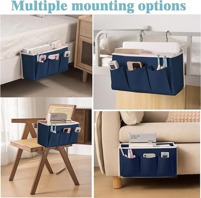 Bedside Caddy/Bedside Storage Organizer Hanging Bag with Three Options,Suitable for home beds, sofas, and dormitory beds—can hold magazines, books, phones, iPads, remote controls. (Navy Blue)