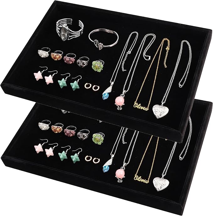 Mornajina 2 Pcs 13.8" x 9.5" Velvet Jewelry Tray Jewelry Display Tray, Stackable Empty Plate Trays for Earrings Necklaces Bracelet Rings Display Showcase - Black