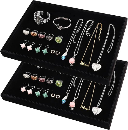 Mornajina 2 Pcs 13.8" x 9.5" Velvet Jewelry Tray Jewelry Display Tray, Stackable Empty Plate Trays for Earrings Necklaces Bracelet Rings Display Showcase - Black