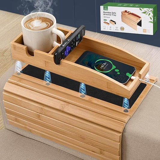 Joy&Grace Couch Cup Holder, 3-in-1 Magnetic Detachable Couch Arm Tray, Bamboo Sofa Armrest Table with Anti-Slip Pad, Sofa Armrest Tray Table (Natural)