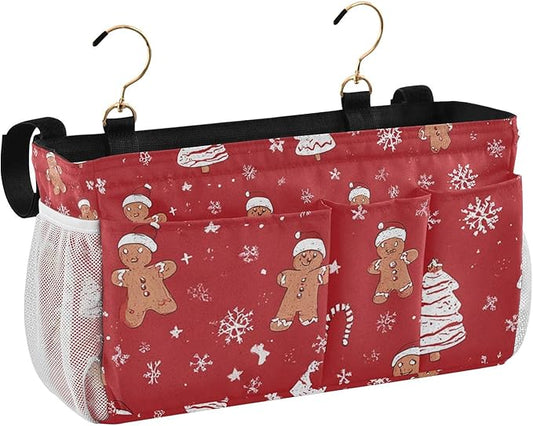 CuwrYet Bedside Caddy Hanging Bunk Bed Caddy Bed Organizer Hanging Pocket with 2 Hooks Bedside Storage Organizer Pocket Bag Holder Gingerbread Christmas Tree01
