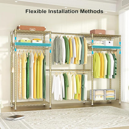 Ulif E1 Heavy Duty Closet Garment Rack, 6 Tiers Adjustable Metal Freestanding Expandable Clothing Storage with 4 Hanger Rods, Easy to Assemble Wardrobe, 71.4" H x (70" - 88.2") L x 14" D, Gold