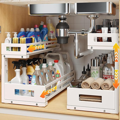 2-Pack 19"Deep Under Sink Organizer And Storage, 2-Tier L-Shaped Pull Out Cabinet Organizer with Upgraded Slide Rails, Height Adjustable Drawers for Kitchen&Bathroom, Extra-Large Storage Shelves–White