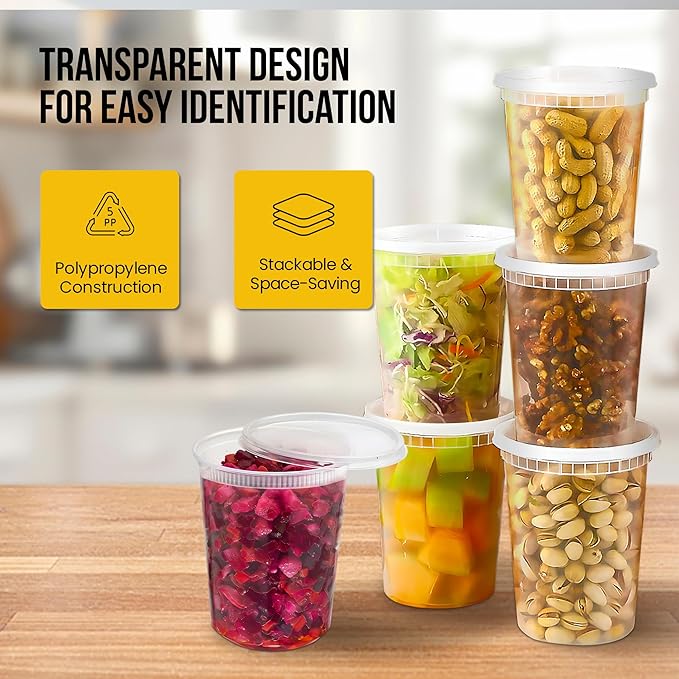 OCS Parts 48-Pack Round Plastic Deli Containers with Lids | Stackable, Microwavable, Freezer and Dishwasher Safe BPA Free Food Prep and Storage Containers (32 Ounce)
