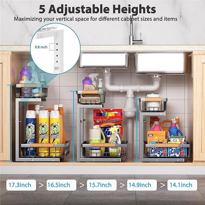 Under Sink Organizer 2 Pack, 2 Tier Slide Out Large Capacity Height Adjustable Under Sink Organizers and Storage for Kitchen Bathroom Cabinet, Grey