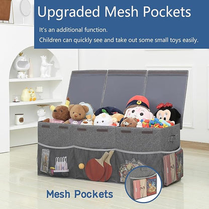 Extra Large Toy Box Chest with Mesh Pockets, Kids Toy Storage Organizer Bakest Box, Foldable Toy Organizers and Storage Bin with Lids, Toy Bin for Kids, Boys,Girls,Nursery,Playroom,Office