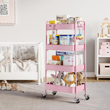 TOOLF 4-Tier Metal Rolling Cart with Wheels, Storage Utility Organizer Cart for Kitchen, Bathroom, Office, Baby Essentials & Makeup - Lockable Casters, Easy Assembly, Large Capacity, Pink