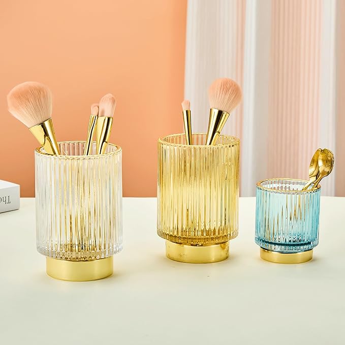 LEICURACE Makeup Brush Holder Organizer,Toothbrush Holders,Desk Pen Pencil Holder,Multifunctional Vintage Glass Brush Cup（L/White/A3-9-US）