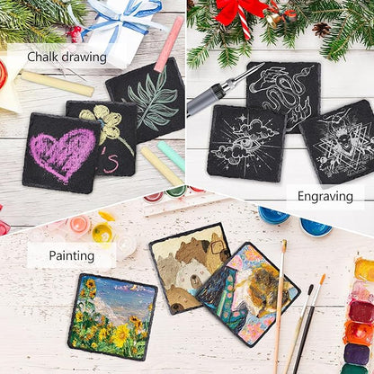 8 PCS Square Slate Drink Coasters Set, SIJDIEE 4 Inch Laser Engraving Black Slate Stone Coasters with Anti-Scratch Bottom and Coaster Holder for Office Bar Kitchen Home Dinner Table Decor Supplies