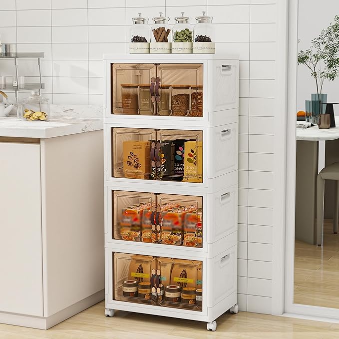 Vavkorkula Storage Bins with 2 Lids and Wheels, 270QT-45QT*6Tier Collapsible Bathroom Storage Cabinet with Clear Doors, Plastic Stackable Closet Organizers and Containers White