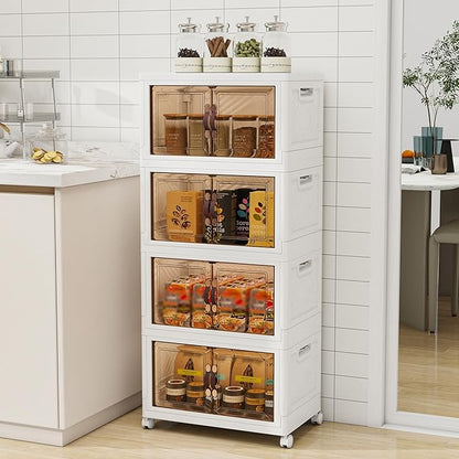 Vavkorkula Storage Bins with 2 Lids and Wheels, 270QT-45QT*6Tier Collapsible Bathroom Storage Cabinet with Clear Doors, Plastic Stackable Closet Organizers and Containers White