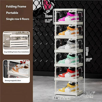 RILBOX X-Large Sturdy Foldable Shoe Rack Sneaker Container Clear Plastic Stackable Space Saving Shoe Storage Boxes Organizers Bin Holder with Lids for Entryway, Closet 6 Tier - 14.0" W Hold 6 Pairs