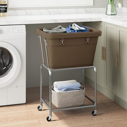 ELYKEN Laundry Cart with Wheels, Rolling Laundry Hamper with Removable Bag and Shelf, Metal Frame Laundry Basket with 4 Casters and 2 Brakes, Ideal for Bedroom, Bathroom, Laundry Room, Camel Brown