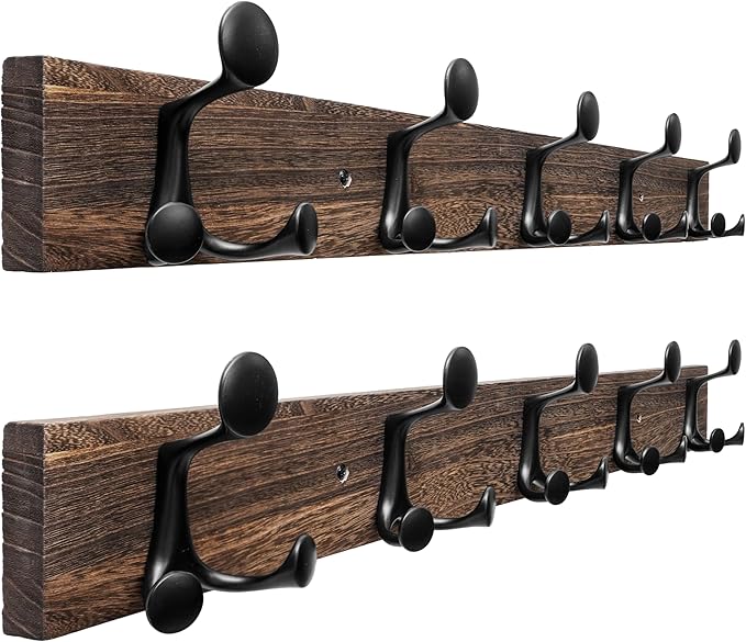 SKOLOO 30-Inch Wood Burnt Coat Rack Wall Mount with 5 Triple Hooks - Ideal for Family Entrances, Classrooms, and Pet Supplies Storage - Perfect Coat Hooks for Wall, Pack of 2