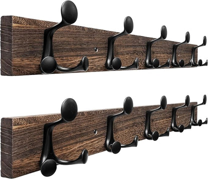 SKOLOO 30-Inch Wood Burnt Coat Rack Wall Mount with 5 Triple Hooks - Ideal for Family Entrances, Classrooms, and Pet Supplies Storage - Perfect Coat Hooks for Wall, Pack of 2