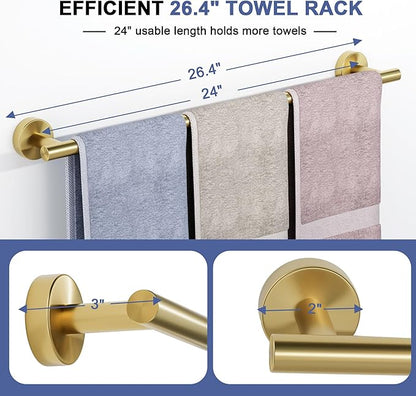 Brushed Gold Towel Bar, 24 Inch Towel Racks for Bathroom Wall Mounted, SUS304 Stainless Steel Bathroom Towel Holder, Total Length 26.4 Inch Towel Bars