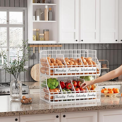 Egg Basket for Countertop, Egg Holder Countertop with 5 Dividers & Labels, 2 Tier Stackable Wire Storage Baskets to Keep Fresh Eggs Organized, Egg Organizer for Kitchen & Decorative Rack Home, White